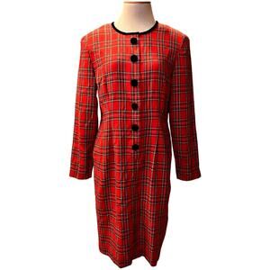 VTG 80s Halmode Petites Plaid Secretary Wiggle Dress Size 8 Red Black Buttons